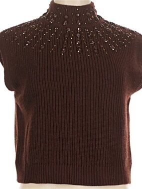 House of Harlow 1960 Brown Beaded Ribbed Sleeveless Sweater